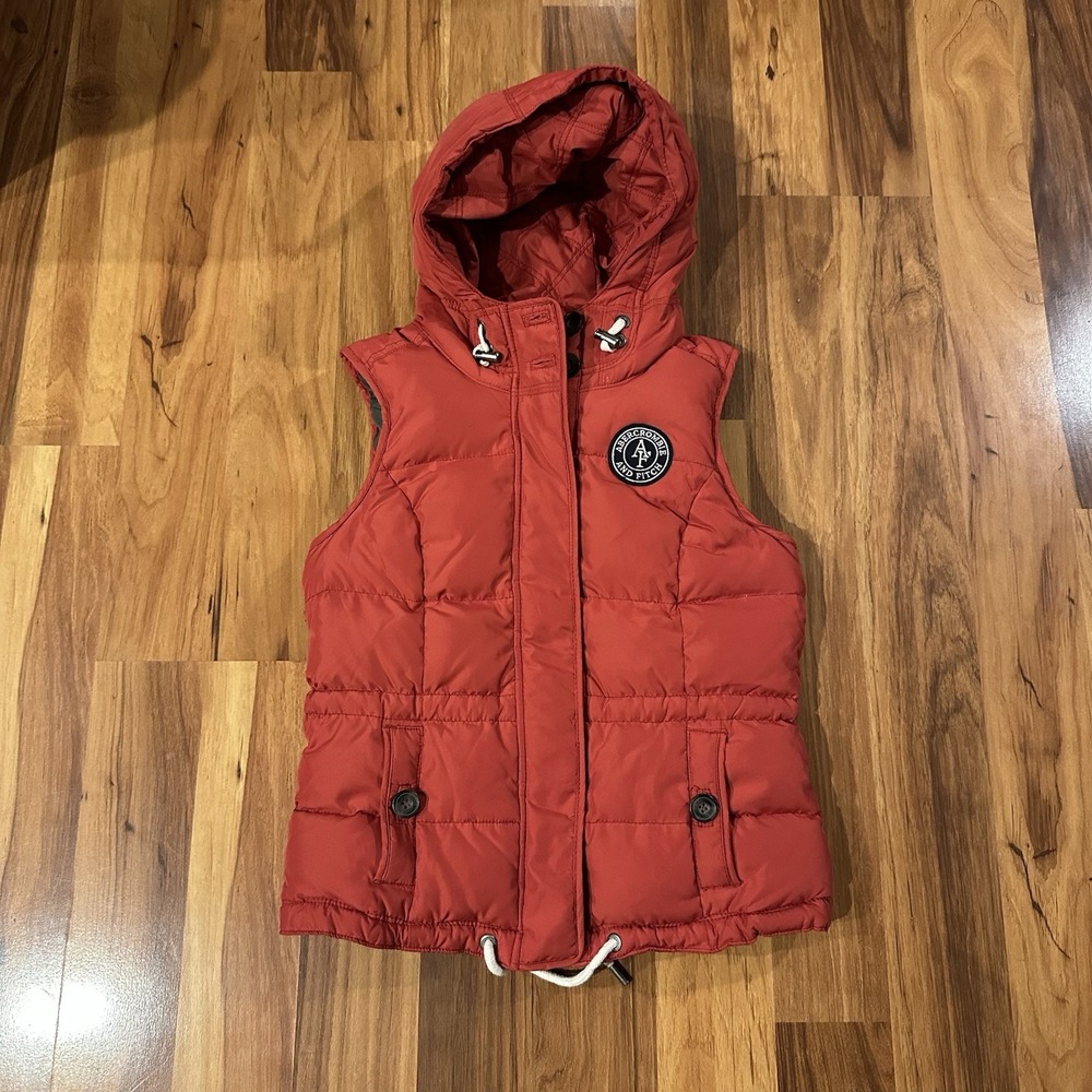 Abercrombie & Fitch Puffer Vest Hooded Red Zip Snap Small Women's Y2K Preppy